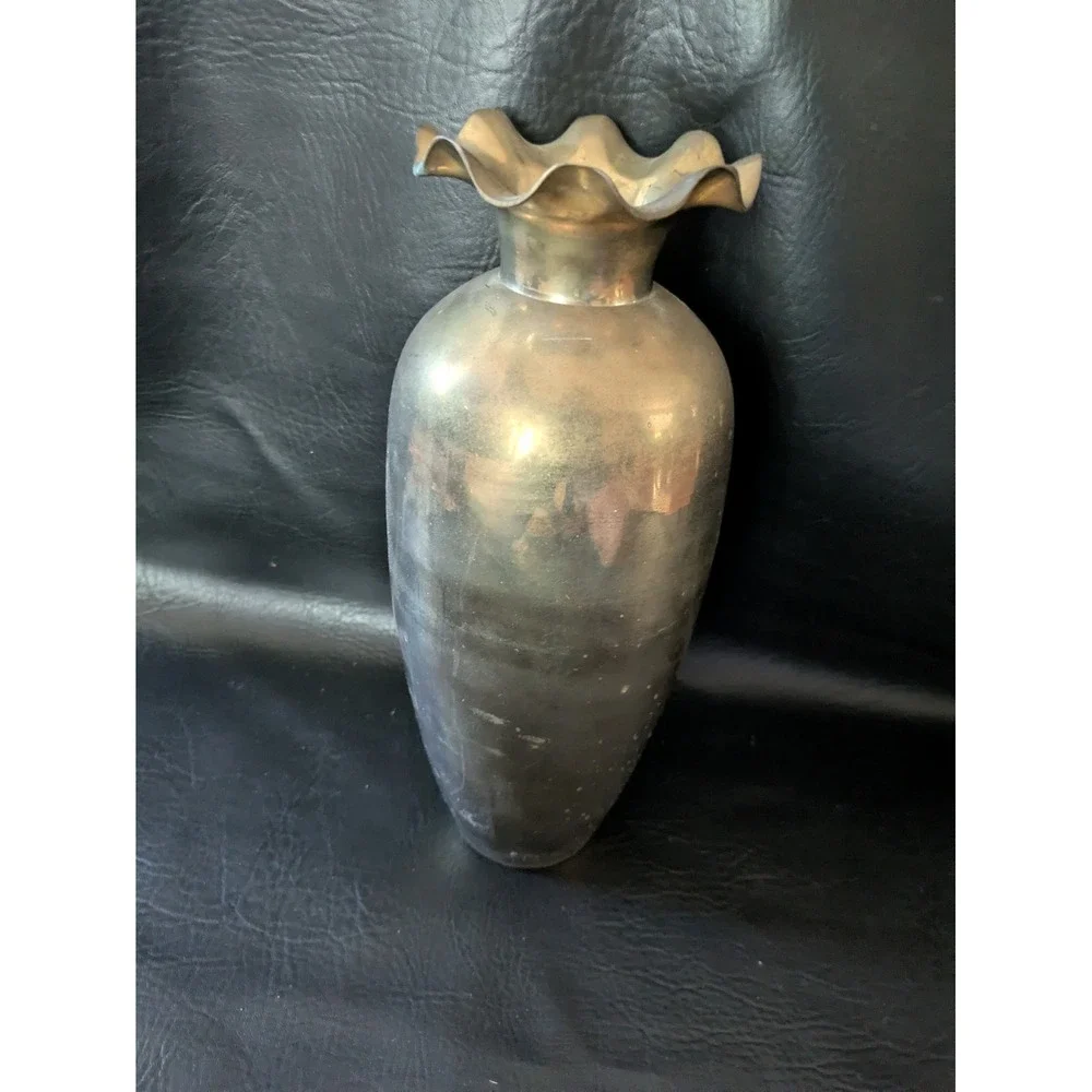 Vintage Brass Ruffled Rim Vase Tall Tapered Fluted Decorative Metal Vessel 12in